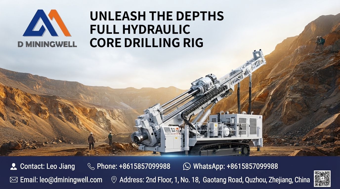 Full hydraulic core drilling rig operating at a mineral exploration site with top-drive power head and crawler chassis.